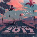  1girl 2019 blue_sky cloud cloudy_sky green_hair highres illustration.media joze motor_vehicle motorcycle mountain outdoors palm_tree quad_braids road shadow sign signature sky solo tree wide_shot 