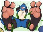  3_toes barefoot bound canid feet foot_fetish generation_1_pokemon generation_3_pokemon generation_4_pokemon hi_res laugh lucario mammal nintendo oddish pokemon pokemon_(species) sebafox shroomish soles tickle_torture tickling tickling_feet toes video_games vines 