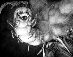  1girl absurdres antennae arthropod_girl claws commentary dark_persona english_commentary grape_(grape05843924) greyscale highres horror_(theme) indie_virtual_youtuber juniper_actias looking_at_viewer mandibles monochrome monster monster_girl moth_girl solo virtual_youtuber 