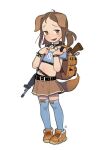  animal_humanoid backpack blush canid canid_humanoid canine canis clothed clothing collar dog_girl_(hitsujigoods) domestic_dog female gun hi_res humanoid mammal mammal_humanoid possummachine ranged_weapon simple_background solo weapon young 