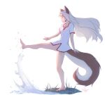  1girl animal_ear_fluff animal_ears artist_name bare_legs barefoot commentary english_commentary fox_ears fox_girl fox_tail from_side full_body long_hair losse_(personal_ami) original parted_lips personal_ami short_sleeves simple_background smile solo splashing standing standing_on_one_leg tail thick_eyebrows water white_background white_hair 