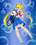  1girl artist_name bishoujo_senshi_sailor_moon blonde_hair blue_background blue_sailor_collar blue_skirt bow bunny_keychain cure_nico food full_body highres ice_cream keychain one_eye_closed red_bow retro_artstyle sailor_collar school_uniform skirt solo tsukino_usagi 