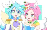  1boy 1girl animal_ears bare_shoulders berry blue_eyes blush brother_and_sister choker commentary_request cure_parfait cure_waffle dress earrings elbow_gloves food food-themed_hair_ornament fruit gloves hair_ornament headband highres horse_ears jewelry kirakira_precure_a_la_mode kiwi_(fruit) leaf lemon long_hair long_sleeves multicolored_eyes nekorin_chu open_mouth orange_(fruit) parfait pearl_choker pearl_earrings pink_hair ponytail precure siblings sparkle sparkling_eyes star_(symbol) step-siblings strapless strapless_dress white_gloves white_wings wings 