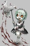  1girl :d absurdres apron axe black_dress black_sclera blood blood_on_clothes blood_splatter colored_sclera derurago dress full_body green_hair grey_background hairband highres holding holding_axe maid maid_apron original sanpaku sharp_teeth short_hair smile solo stitches teeth yellow_eyes zombie 