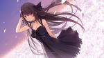  1girl adjusting_hair ao_no_kanata_no_four_rhythm arm_behind_back bangs bare_arms black_bow black_choker black_dress blush bow breasts brown_hair choker cleavage closed_mouth collarbone dress dutch_angle field floating_hair flower flower_field game_cg hair_between_eyes hair_bow hand_in_own_hair jewelry long_dress long_hair medium_breasts pendant petals purple_sky red_eyes sleeveless sleeveless_dress smile solo standing suzumori tobisawa_misaki very_long_hair white_flower 