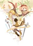  1girl absurdres beret blonde_hair boots brown_corset brown_headwear charlotte_(madoka_magica) corset cowlick cup drill_hair full_body gun hat high_heel_boots high_heels highres magical_girl magical_musket mahou_shoujo_madoka_magica mahou_shoujo_madoka_magica_(anime) pleated_skirt puffy_short_sleeves puffy_sleeves shirt short_sleeves skirt socks solo soul_gem striped_clothes striped_socks teacup tomoe_mami twin_drills vertical-striped_clothes vertical-striped_socks weapon white_shirt yellow_eyes yellow_skirt yume-dream 