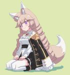  1girl absurdres animal_ear_fluff animal_ears ascot black_coat black_sash black_skirt blonde_hair blush breasts brooch closed_mouth coat coat_on_shoulders corsair_(maplestory) double-parted_bangs drill_hair epaulettes fox_ears fox_girl fox_tail gem green_background hands_on_own_thighs highres jewelry kemonomimi_mode long_hair long_sleeves maplestory medium_breasts miniskirt pleated_skirt purple_eyes red_gemstone rune_(dualhart) sash shadow shirt simple_background single_horizontal_stripe sitting skirt smile solo split_mouth tail thighhighs very_long_hair wariza white_ascot white_shirt white_thighhighs zettai_ryouiki 