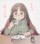  1girl blanket blunt_bangs breast_rest breasts breasts_on_table brown_eyes brown_hair chopsticks commentary_request eating food glasses kobayakawa_horan large_breasts long_hair mochi nekokami original parted_bangs plump ribbed_sweater sidelocks sitting solo soy_sauce sweater table translation_request under_covers 