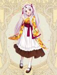  1girl :d araya_hikaru blush bow brown_footwear dairoku_ryouhei floral_print full_body horns long_sleeves maid_headdress plaid plaid_bow red_eyes shoes single_horn smile socks solo sorakase_sawa waving white_hair white_socks yellow_background 