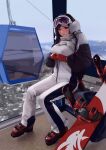  1girl black_hair coat earmuffs final_fantasy final_fantasy_vii final_fantasy_vii_rebirth final_fantasy_vii_remake gloves goggles highres long_hair looking_at_viewer nervous red_eyes sitting ski_gear ski_lift skis snow solo spykeee tifa_lockhart winter winter_clothes 