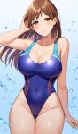  1girl amearare ass_visible_through_thighs blue_background blue_one-piece_swimsuit blush breasts brown_eyes brown_hair cameltoe cleavage closed_mouth commentary competition_swimsuit covered_navel cowboy_shot gradient_background hand_in_own_hair highleg highleg_swimsuit highres idolmaster idolmaster_cinderella_girls large_breasts long_hair looking_at_viewer nitta_minami one-piece_swimsuit simple_background smile solo standing straight_hair swimsuit thigh_gap water 