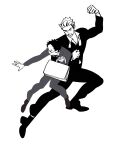  2boys akaashi_keiji arms_up bag black_suit bokuto_koutarou chengongzi123 commentary full_body glasses grey_suit greyscale haikyuu!! hand_up highres holding holding_bag long_sleeves male_focus monochrome multiple_boys open_mouth short_hair simple_background suit symbol-only_commentary very_short_hair white_background 