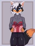 absurd_res anthro black_body black_bottomwear black_clothing black_fur black_pants blue_eyes bottomwear canid canine canis clothing cross_fox female fox fox_tail front_view fur gift grey_clothing grey_sweater grey_topwear hair hand_holding_object hands_in_front hi_res mammal offering_gift pants red_fox shaved_hair skade skade_(artist) skade_the_fox smile solo sweater topwear true_fox turtleneck white_hair