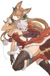  1girl animal_ears backless_dress backless_outfit black_eyes boots breasts brown_gloves brown_hair brown_thighhighs cape cleavage closed_mouth dress fur-trimmed_gloves fur-trimmed_thighhighs fur_trim gloves granblue_fantasy hair_ornament hand_to_own_mouth hashibiro_kou_(garapiko_p) high_heel_boots high_heels highres long_hair looking_at_viewer metera_(granblue_fantasy) pom_pom_(clothes) red_cape red_dress red_footwear simple_background small_breasts smile solo strapless strapless_dress thighhighs white_background 