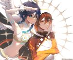  angel_wings aqua_eyes aqua_hair arm_up bare_shoulders bbtskazedaaaaa black_hair blush braid bridal_gauntlets brown_hair chest_tattoo cleavage_cutout closed_mouth clothing_cutout crop_top crossed_arms feathered_wings genshin_impact highres hood hood_up male_focus medium_hair midriff navel orange_eyes orange_hair shirt shorts shrug_(clothing) simple_background skinny smile tattoo twin_braids upper_body venti_(archon)_(genshin_impact) venti_(genshin_impact) white_background white_bridal_gauntlets white_shirt white_shorts white_wings wings zhongli_(archon)_(genshin_impact) zhongli_(genshin_impact) 