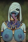  ana_(overwatch) big_breasts blue_body blue_skin bodily_fluids breasts devil_hs egyptian female green_eyes hi_res humanoid long_tongue looking_at_viewer mummy nipple_piercing nipples one_eye_obstructed piercing pseudo_hair saliva simple_background solo tongue tongue_out undead 