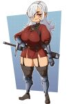  absurd_res big_breasts breasts clothing female garter_straps hair hair_over_eye hand_on_hip hi_res humanoid legwear melee_weapon not_furry nuclearwasabi one_eye_obstructed solo sword thigh_highs weapon 