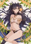  0825belle 1girl asymmetrical_bangs bangs bikini black_hair black_ribbon black_thighhighs breasts collarbone detached_collar earrings fate/grand_order fate_(series) flower gold_trim hair_ribbon hand_up heavenly_boat_maanna highres hoop_earrings ishtar_(fate) jewelry long_hair looking_at_viewer mismatched_bikini navel osmanthus parted_lips revision ribbon single_thighhigh sitting small_breasts smile solo stomach swimsuit thighhighs tiara twintails yellow_eyes 