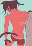  1boy animal_ears animal_hands aqua_background back barefoot black_hair butt_crack cat_boy cat_ears cat_tail closed_eyes commentary_request danganronpa_(series) danganronpa_v3:_killing_harmony dated flipped_hair from_behind hair_between_eyes male_focus male_underwear nude oma_kokichi shirt short_hair simple_background solo standing standing_on_one_leg tail topless_male twitter_username underwear underwear_only upper_body white_shirt yamaikana 
