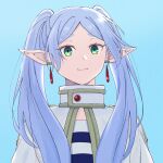  1girl blue_background capelet closed_mouth commentary_request earrings elf frieren green_eyes highres jewelry kaiduka_(kaiduka00901) long_hair looking_at_viewer parted_bangs pointy_ears simple_background smile solo sousou_no_frieren twintails white_capelet white_hair 