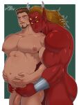 4_eyes abs alldrawparty beard big_muscles big_nipples big_pecs blonde_hair brown_hair canon_x_oc dc_comics demon demon_humanoid duo facial_hair fangs genitals hair hi_res holding_belly holding_partner horn horned_humanoid hug human human_on_humanoid humanoid humanoid_genitalia humanoid_penis impregnation interspecies larger_humanoid larger_male long_hair male male/male male_impregnation mammal multi_eye muscular mustache navel nipples not_furry nude pecs penis pregnant pregnant_human pregnant_male red_body signature size_difference smaller_human smaller_male teen_titans teeth trigon
