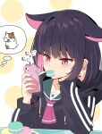  1girl absurdres animal animal_ears black_choker black_hair black_hoodie blue_archive blush breasts cellphone choker collarbone commentary_request drawstring eating food food_in_mouth green_sailor_collar hamster highres holding holding_phone hood hood_down hoodie kazusa_(blue_archive) long_sleeves macaron multicolored_hair nekoyanagi_(azelsynn) phone pink_hair puffy_long_sleeves puffy_sleeves red_eyes sailor_collar seed sleeves_past_wrists small_breasts solo spoken_animal sunflower_seed translation_request two-tone_hair upper_body white_background 