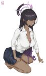  1girl black_hair blue_archive breasts dark-skinned_female dark_skin full_body halo highres karin_(blue_archive) large_breasts long_hair looking_at_viewer numb3r_3 school_uniform shirt sitting skirt solo wariza yellow_eyes 