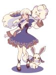  1girl chimney_(chimney0311) dress eevee fire_emblem fire_emblem:_three_houses flat_color hair_ornament highres licking_lips long_hair lysithea_von_ordelia pink_eyes pokemon pokemon_(creature) solo swirlix tongue tongue_out white_background white_hair 