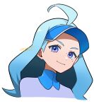  1girl ahoge aqua_hair blue_eyes closed_mouth commentary_request dated genjitsu_o_miro grey_shirt happy kahili_(pokemon) long_hair mole mole_under_eye pokemon pokemon_sm shirt simple_background smile solo visor_cap white_background 