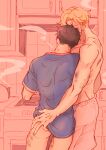  2boys ao_isami ass_peek black_hair blonde_hair borrowed_clothes bottomless bruise couple facial_hair finger_under_clothes highres injury kitchen leaning_to_the_side lewis_smith male_focus multiple_boys pink_background saltonly sideburns_stubble standing stubble thick_eyebrows yaoi yuuki_bakuhatsu_bang_bravern 