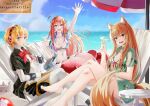  3girls :d absurdres adapted_costume aegis_(persona) ahoge alternate_costume animal_ear_fluff animal_ears arm_up bare_legs barefoot beach beach_umbrella bikini black_shirt blue_eyes blue_shirt bow breasts breasts_apart brown_hair commentary crossed_legs crossover cup day drink english_text fangs feet floating_hair foot_out_of_frame front-tie_bikini_top front-tie_top glass green_shirt hair_between_eyes hand_up happy hawaiian_shirt highres holding holding_cup holo huge_ahoge joints lamia legs lichael long_hair looking_at_viewer mechanical_arms medium_breasts miia_(monster_musume) monster_girl monster_musume_no_iru_nichijou multiple_crossover multiple_girls navel ocean open_clothes open_mouth open_shirt outdoors persona persona_3 red_bow red_eyes red_hair red_scales relaxing robot_ears robot_girl robot_joints sand_castle sand_sculpture shirt short_hair short_sleeves sidelocks slit_pupils small_breasts smile spice_and_wolf straight_hair swimsuit tail teeth toes tsurime umbrella upper_teeth_only v-shaped_eyebrows very_long_hair waving white_bikini white_shirt wolf_ears wolf_girl wolf_tail yellow_eyes 