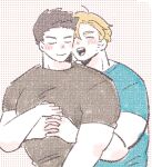  2boys ao_isami bara black_hair blonde_hair blush closed_eyes colored_pencil_(medium) couple facial_hair hand_on_another&#039;s_hand happy heads_together highres hug hug_from_behind large_pectorals lewis_smith male_focus multiple_boys muscular muscular_male muted_color paya_genko_man pectorals sideburns_stubble stubble thick_eyebrows traditional_media upper_body yaoi yuuki_bakuhatsu_bang_bravern 