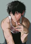  1boy black_eyes blood blood_on_arm blood_on_clothes blood_on_face blood_on_hands cigar cigarette closed_mouth given hair_between_eyes highres looking_at_viewer male_focus pants pevellynee solo tank_top white_tank_top yagi_shizusumi_(given) 