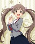  1girl :d ahoge black_skirt brown_hair buttons collar cowboy_shot dot_nose eyelashes grey_serafuku grey_shirt hair_ribbon hakozaki_serika idolmaster idolmaster_million_live! idolmaster_million_live!_theater_days junior_high_schoolmate_(idolmaster) lone_nape_hair long_hair long_sleeves looking_at_viewer neck_ribbon official_alternate_costume official_art open_mouth own_hands_together pink_ribbon plaid_collar pleated_skirt red_ribbon ribbon school_uniform serafuku shirt sidelocks skirt smile solo starry_background teeth twintails upper_teeth_only very_long_hair wavy_hair white_collar yellow_eyes 