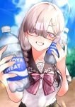  1girl absurdres ahoge blush bottle bow braid brand_name_imitation breasts glasses gomo grey_hair hair_ornament hair_over_one_eye highres holding holding_bottle large_breasts long_hair looking_at_viewer mole mole_under_eye nijisanji open_mouth outdoors plastic_bottle purple_eyes school_uniform serafuku shirt skirt smile sukoya_kana sukoya_kana_(3rd_costume) twintails uniform virtual_youtuber water_bottle white_hair 