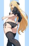 1girl arms_at_sides asairosora ass back bikini black_bikini black_shrug black_thighhighs blonde_hair breasts brown_eyes cynthia_(pokemon) dimples_of_venus feet_out_of_frame highres long_hair looking_at_viewer looking_down median_furrow medium_breasts parted_lips pokemon shrug_(clothing) side-tie_bikini_bottom skindentation solo swimsuit thighhighs very_long_hair walking 