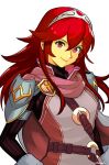  1girl absurdres armor artist_name brand_of_the_exalt cape closed_mouth english_commentary fire_emblem fire_emblem_awakening hair_between_eyes highres long_hair long_sleeves looking_at_viewer lucina_(fire_emblem) official_alternate_color red_eyes red_hair shoulder_armor sidelocks smgold smile solo super_smash_bros. symbol_in_eye tiara upper_body white_background 