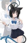  1girl animal_ears black_eyes black_hair black_nails blue_archive blue_bow blue_bowtie blue_halo blush bow bowtie cat_ears cat_tail choker closed_mouth collared_shirt dragonchicken02 dress_shirt fingernails halo highres kikyou_(blue_archive) looking_at_viewer miniskirt multiple_tails nail_polish pleated_skirt ribbon_choker shirt shirt_tucked_in short_hair simple_background skirt solo tail thighs two_tails white_background white_shirt zoom_layer 