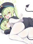  2girls ass blue_archive blush demon_tail green_hair hair_between_eyes hat highres hikari_(blue_archive) looking_at_viewer multiple_girls nicomi-chan nozomi_(blue_archive) open_mouth tail yellow_eyes 
