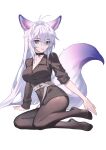  1girl absurdres ahoge animal_ears antenna_hair barefoot belt black_choker black_pantyhose black_shirt breasts choker collarbone collared_shirt dress_shirt extra_ears fingernails fox_ears fox_girl fox_tail hair_between_eyes hair_intakes highres kirby_d_a long_hair long_sleeves looking_at_viewer open_mouth original pantyhose purple_eyes shirt simple_background sitting sleeves_rolled_up smile solo tail thighs toes very_long_hair white_background white_hair 