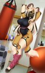 2023 african_wild_dog anthro big_breasts black_hair blonde_hair breasts canid canine clothing female gym hair hi_res leotard mammal mirror pink_hair solo sorafoxyteils tavi_(nomdelights) waist_belt