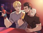  2boys ao_isami arm_around_neck artist_request black_hair blonde_hair bottle facial_hair lewis_smith male_focus multiple_boys pectorals shirt sideburns_stubble sitting smile stubble t-shirt thick_eyebrows toned toned_male wine_bottle yuuki_bakuhatsu_bang_bravern 