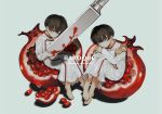  2boys absurdres barefoot baroque_(series) brothers brown_eyes brown_hair child closed_eyes copyright_name crossed_arms english_text food fruit full_body highres knife looking_at_viewer male_focus mop_(shirokumaiceumaiyo) multiple_boys pomegranate protagonist_(baroque) shadow short_hair siblings twins white_background 