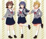  3girls :d absurdres ahoge black_skirt blonde_hair blue_eyes blue_hair blue_ribbon blunt_bangs blunt_ends blunt_sidelocks blush brown_footwear brown_hair buttons collar collarbone commentary_request contrapposto dot_nose finger_to_cheek flipped_hair grey_serafuku grey_shirt hair_between_eyes hair_ornament hair_over_shoulder hair_ribbon hairpin hand_on_own_chest hand_on_own_hip high_side_ponytail highres hutaba ibuki_tsubasa idolmaster idolmaster_million_live! idolmaster_million_live!_theater_days junior_high_schoolmate_(idolmaster) kasuga_mirai kneehighs loafers long_hair long_sleeves looking_at_viewer mogami_shizuka multiple_girls neck_ribbon official_alternate_costume one_eye_closed open_mouth pink_ribbon plaid_collar pleated_skirt red_eyes red_ribbon ribbon school_uniform serafuku shirt shoes short_hair sidelocks skirt smile socks standing standing_on_one_leg very_short_hair w white_collar white_socks yellow_eyes 