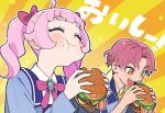  1boy 1girl ahoge aozora_himari aozora_hinata blue_jacket blunt_bangs bow brother_and_sister burger closed_eyes closed_mouth collared_shirt commentary_request eating food food_on_face hair_bow himitsu_no_aipri holding holding_food jacket long_sleeves neck_ribbon open_mouth oshiri_(o4ritarou) outline paradise_private_academy_school_uniform parted_bangs pink_bow pink_hair pink_ribbon pretty_series red_hair ribbon school_uniform shirt short_hair siblings smile translation_request twintails upper_body white_outline white_shirt yellow_background 