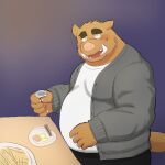  1:1 2022 anthro blush bottomwear brown_body clothing eyes_closed food hi_res humanoid_hands kemono kick_(artist) male mammal overweight overweight_male pants shirt solo suid suina sus_(pig) topwear wild_boar 