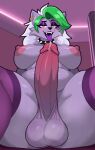 anthro areola balls big_balls big_breasts big_penis bodily_fluids breasts canid canine canis clothing collar dvdshka ear_piercing ear_ring eyelashes five_nights_at_freddy&#039;s five_nights_at_freddy&#039;s:_security_breach genital_fluids genitals gynomorph hair hi_res humanoid_genitalia intersex legwear lipstick long_hair low-angle_view makeup mammal neon_lights nipples open_mouth penis piercing precum purple_tongue ring_piercing roxanne_wolf scottgames sitting slightly_chubby solo spiked_collar spikes spread_legs spreading steel_wool_studios sweat thick_thighs tongue tongue_out wolf