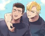 2boys ao_isami arm_around_shoulder artist_request black_hair blonde_hair facial_hair lewis_smith looking_ahead looking_at_viewer male_focus multiple_boys one_eye_closed pectorals shirt sideburns_stubble smile stubble t-shirt thick_eyebrows upper_body yuuki_bakuhatsu_bang_bravern 