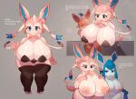  5_fingers 5_toes anthro anthrofied big_breasts blue_body blue_eyes blush bodily_fluids breasts brown_body canid clothed clothing curvy_figure eevee eeveelution english_text featureless_crotch feet female fingers generation_1_pokemon generation_4_pokemon generation_6_pokemon glaceon grey_background hi_res huge_breasts kakuteki11029 lactating legwear mammal nintendo nipples nude open_mouth pink_body pokemon pokemon_(species) pokemorph short_stack simple_background slightly_chubby squish standing stockings sweat sweatdrop sylveon text thick_thighs thigh_highs thigh_squish toes translated video_games voluptuous wide_hips 