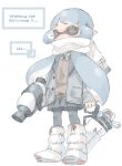  1girl blue_hair boots bow bowtie buttons closed_eyes coat english_text full_body grey_coat grey_pantyhose grey_skirt highres holding ink_tank_(splatoon) inkling inkling_girl long_hair long_sleeves miniskirt pantyhose pleated_skirt plum0o0 pointy_ears scarf simple_background skirt sleeves_past_wrists solo splatoon_(series) splattershot_(splatoon) standing suction_cups super_soaker tentacle_hair unbuttoned white_background white_footwear white_scarf zzz 
